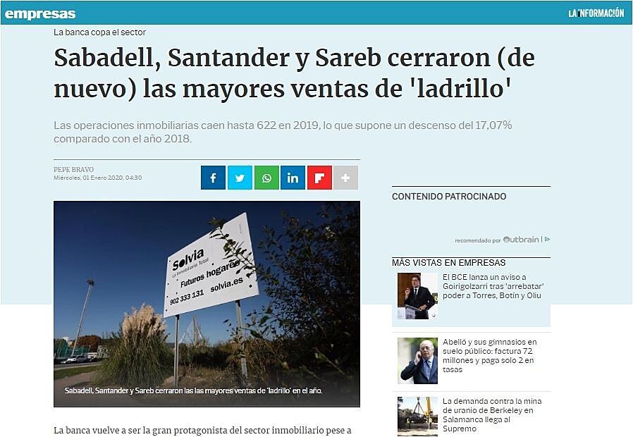 Sabadell, Santander y Sareb cerraron (de nuevo) las mayores ventas de 'ladrillo'